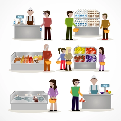 People in supermarket grocery store with shopping baskets isolated vector illustration