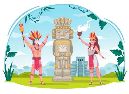 Maya civilization cartoon concept with ancient culture symbols vector illustration