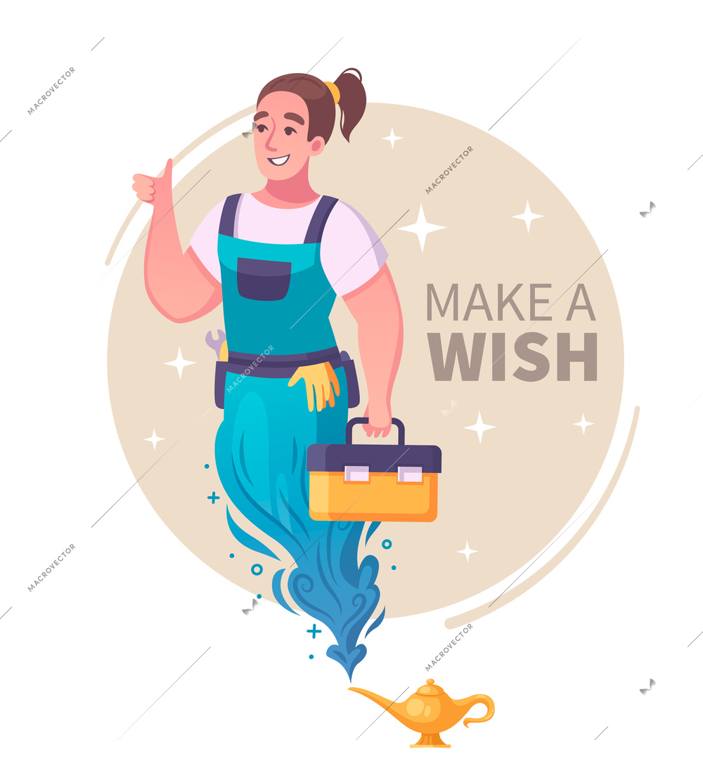 Genie helper character concept with wish symbols cartoon  vector illustration