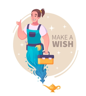 Genie helper character concept with wish symbols cartoon  vector illustration