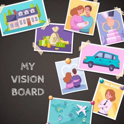 Vision board cartoon composition with car and house symbols vector illustration