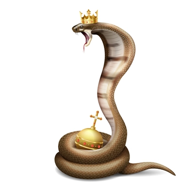 Cobra snake realistic composition with image of hissing snake wearing crown with orb on blank background vector illustration