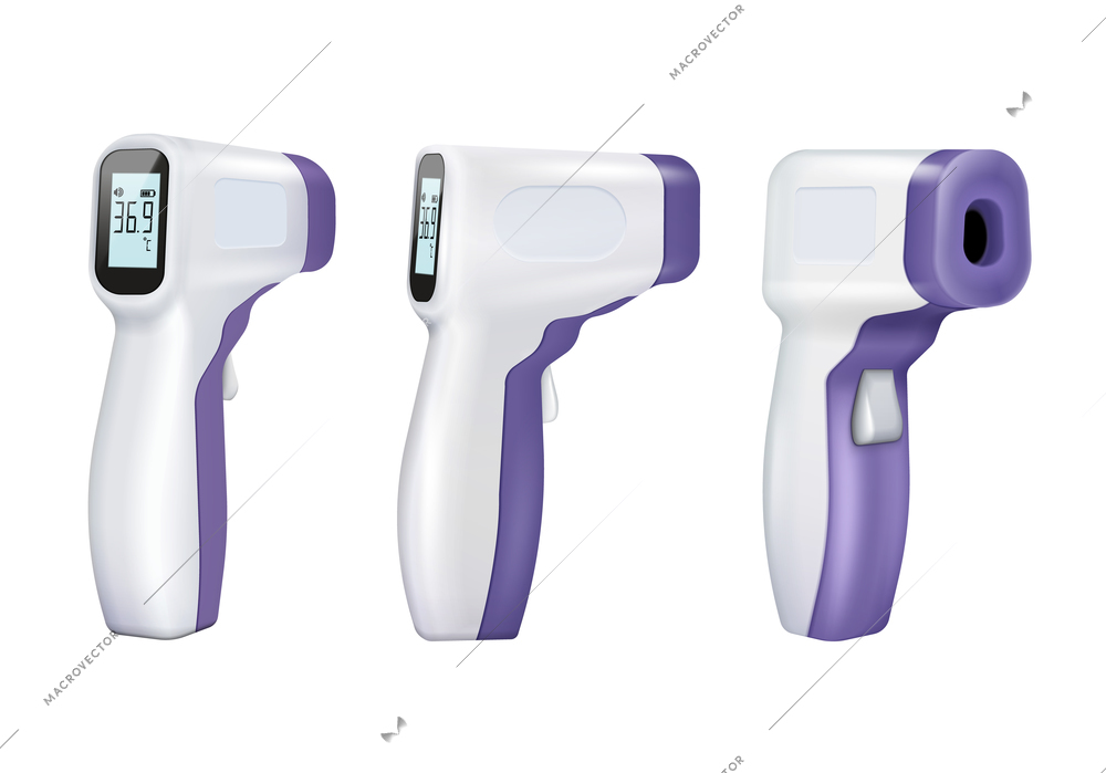 Infrared contactless thermometers realistic set with isolated images of non-contact thermometers from various view points vector illustration