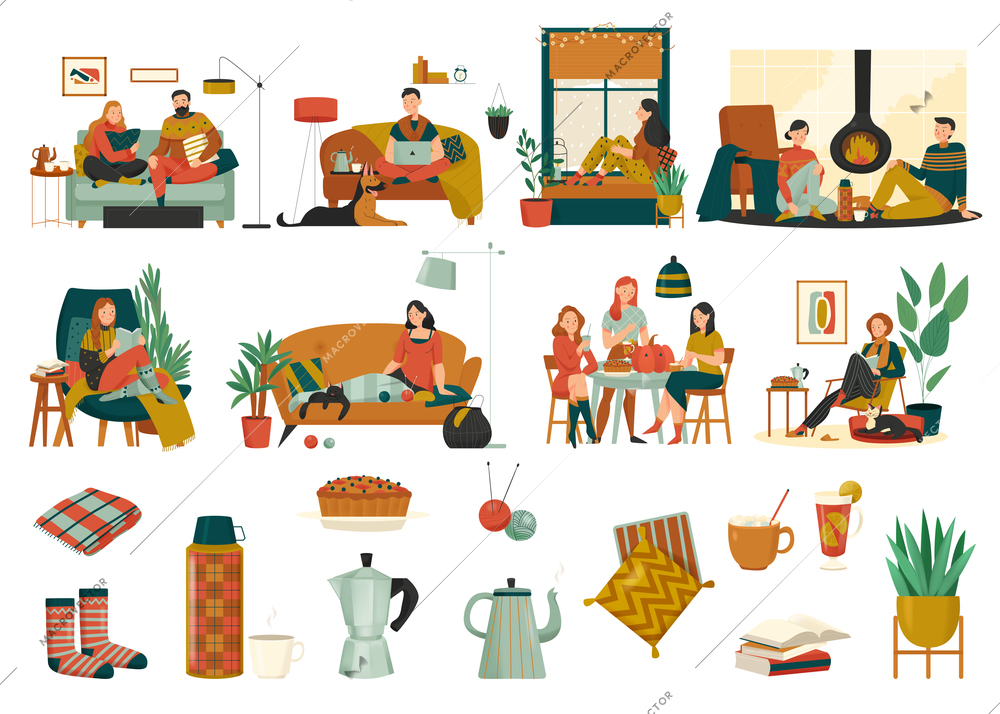 Cozy home icons set with cushions pot socks plant clew books pie and resting people flat isolated vector illustration