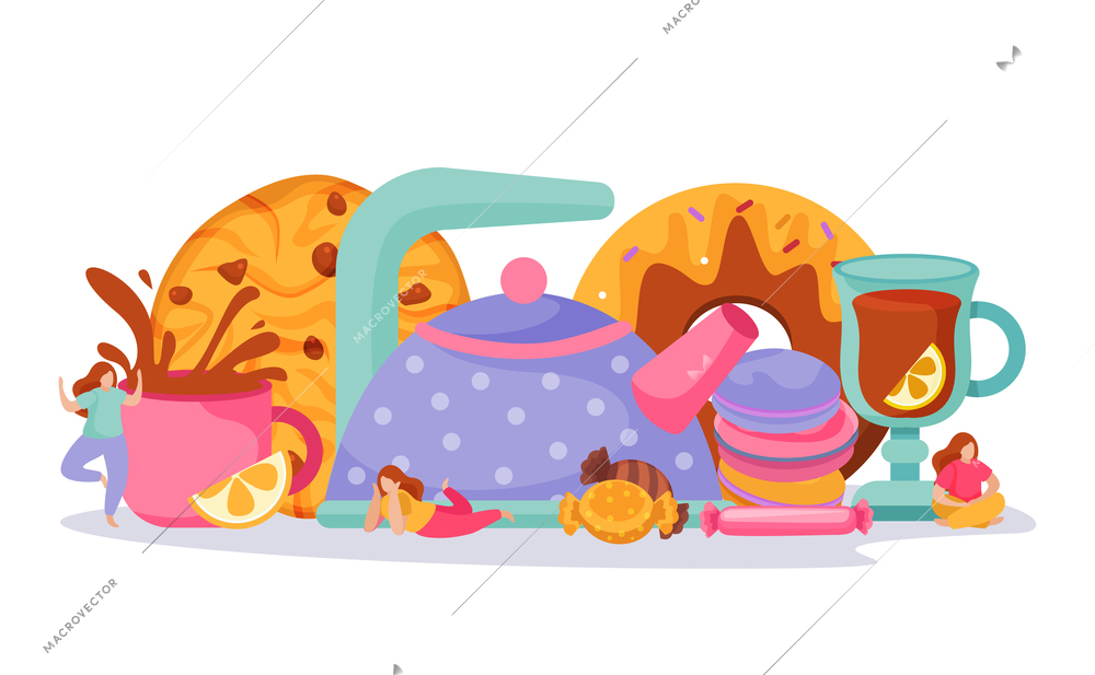 Tea time flat composition with doodle female characters and croissants with cookies hot teapot and cups vector illustration