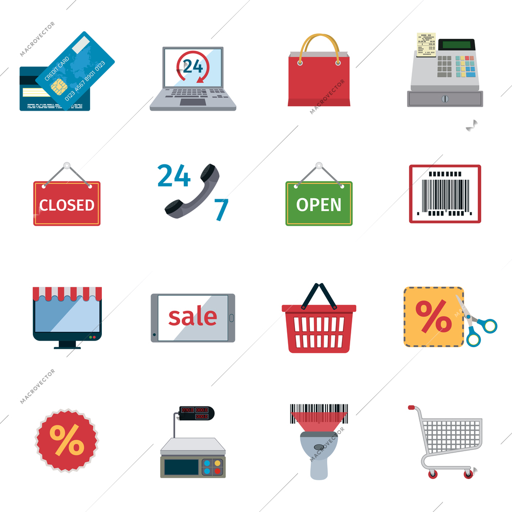 Online shopping e-commerce commercial services icons set isolated vector illustration