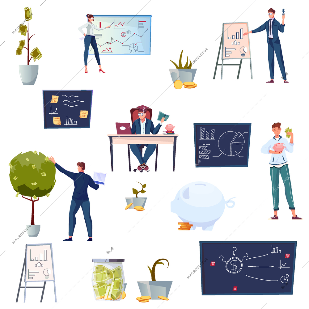 Investment set with flat icons of money tree blackboards with chart drawings and doodle human characters vector illustration