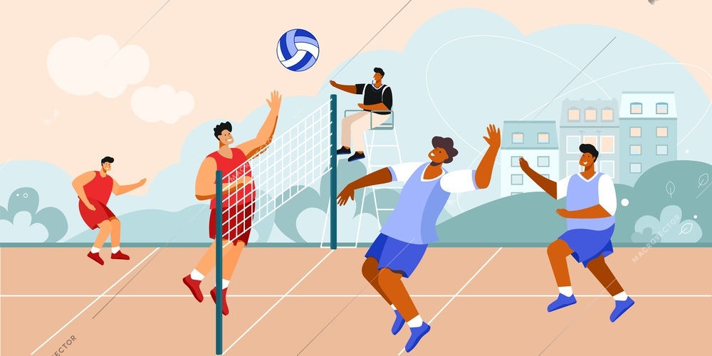 Volleyball court composition of outdoor scenery with cityscape and team players with net and sitting referee vector illustration