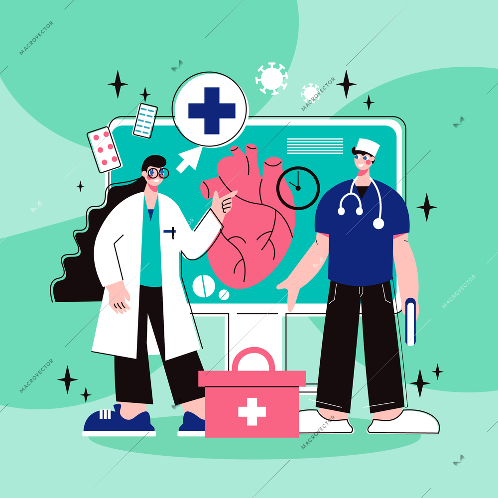 Online medicine flat concept with doctor nurse and human heart on computer monitor vector illustration