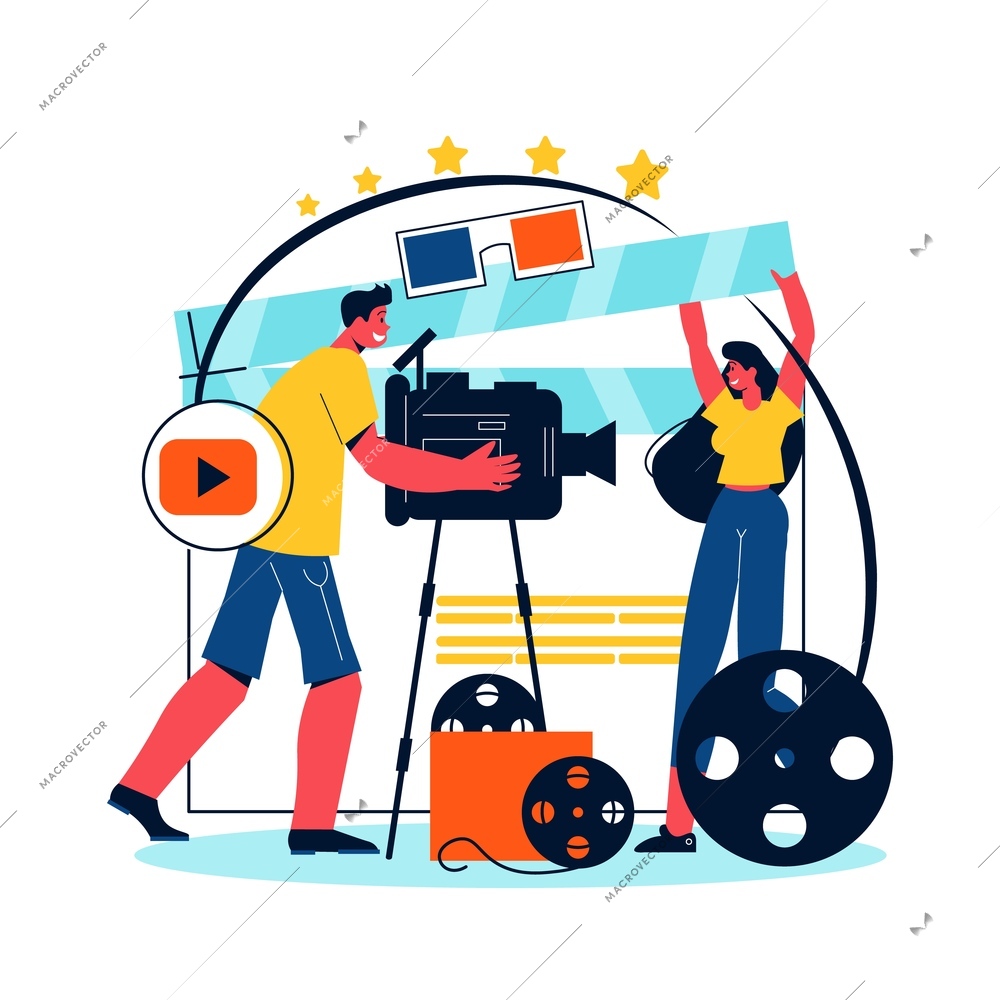 Cinema flat concept with cameraman 3d glasses clapper film reel vector illustration