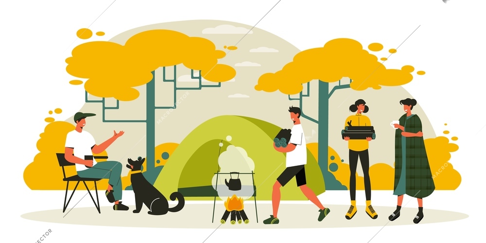 Hiking camping composition with group of doodle characters in outdoor scenery with tent wood and campfire vector illustration