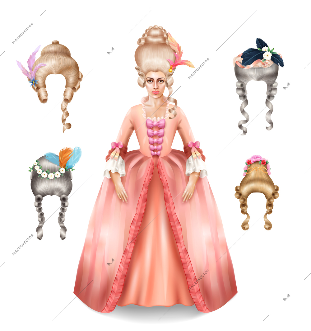 Elegant 18 century woman with rococo wigs collection styled with colorful feathers flowers realistic image vector illustration