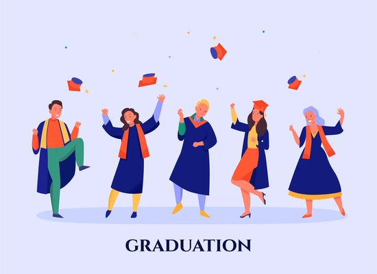 Happy students wearing blue mantles throwing caps at graduation party flat vector illustration