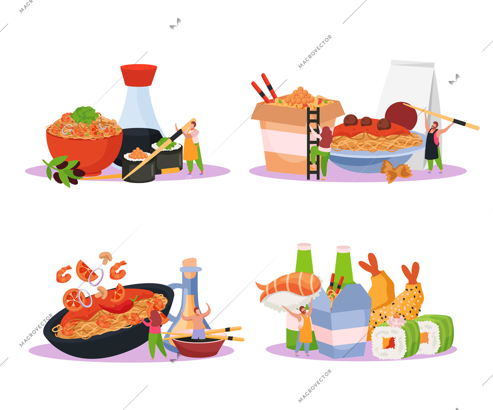 Wok box flat 4x1 set of isolated compositions with japanese fast food sushi noodles and sauces vector illustration