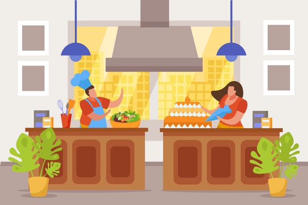 Hobby flat people composition with indoor view of kitchen with faceless characters making salad and cake vector illustration