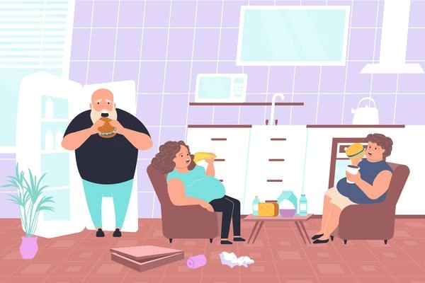 Food addiction composition three fat people with a lot of weight eat junk food vector illustration