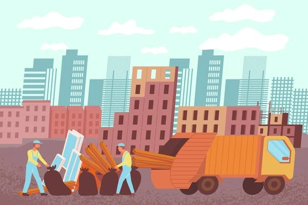 Removal of construction waste composition with flat building site landscape with workers loading rubbish into truck vector illustration