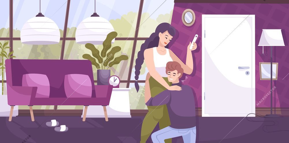 Waiting baby flat composition with home interior and man embracing woman with positive test for pregnancy vector illustration