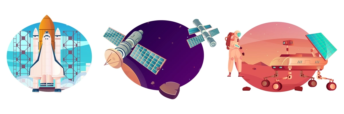 Space technology set of isolated compositions with flat images of rocket with satellite and mars rover vector illustration
