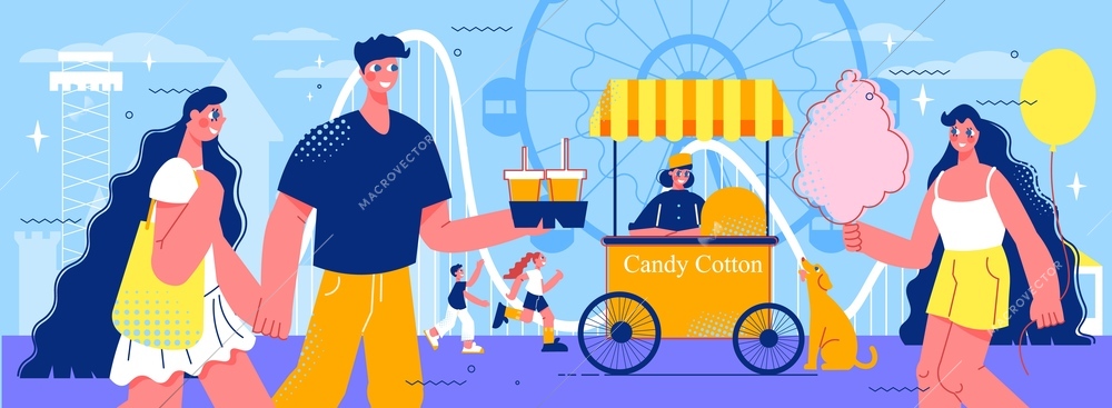 Amusement park composition with doodle human characters of funfair visitors with fairground rides and candy cotton vector illustration