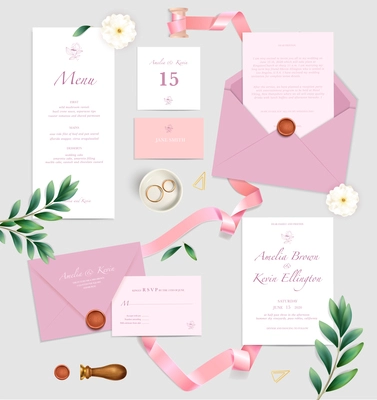 Wedding celebration announcement invitation place cards menu rings pink envelopes ribbons top view realistic set vector illustration