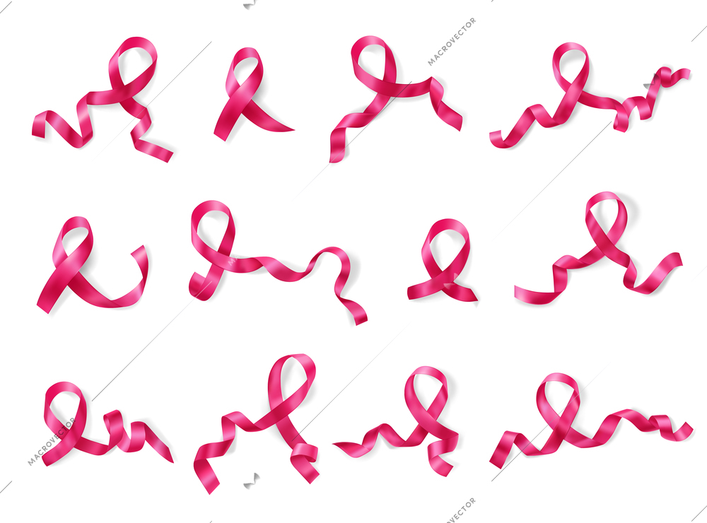 Pink ribbon breast cancer awareness month symbol varieties 12 realistic images set white background vector illustration