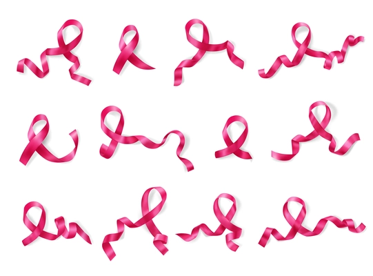 Pink ribbon breast cancer awareness month symbol varieties 12 realistic images set white background vector illustration