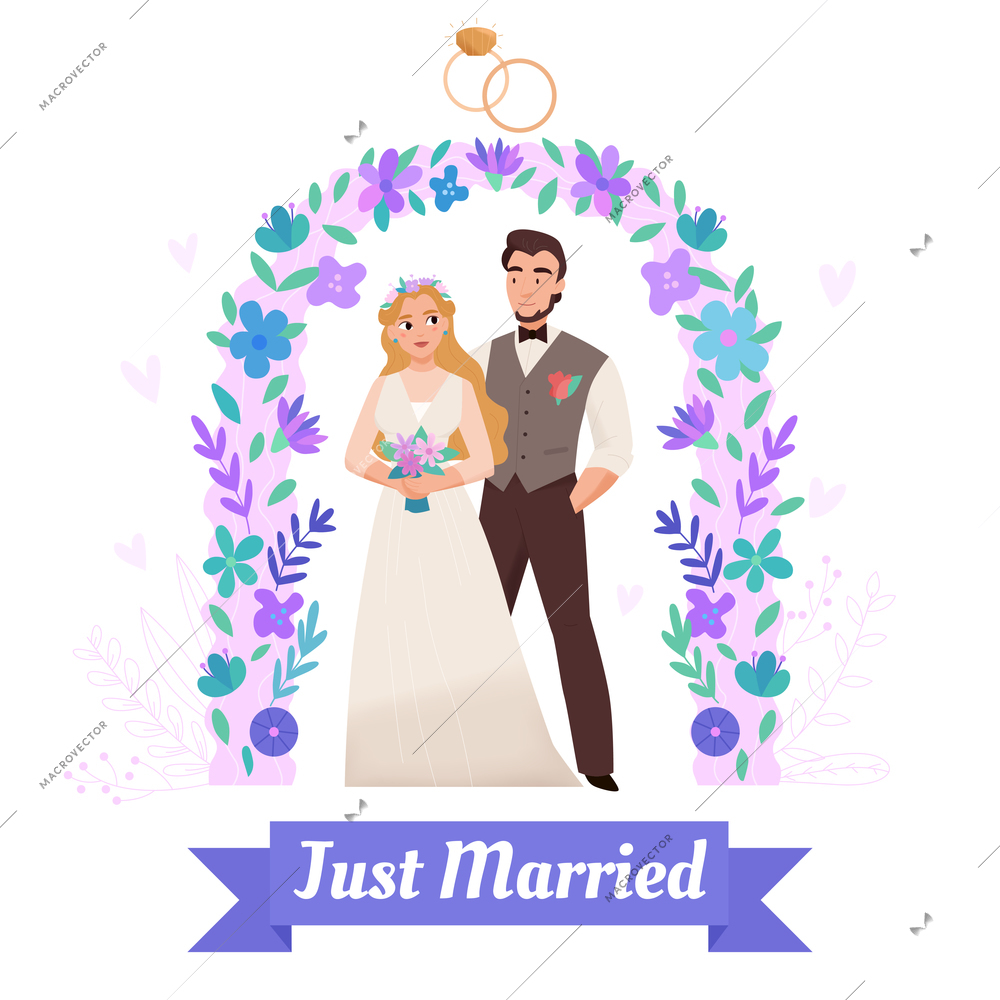 Wedding ceremony flower arch decorated with engagement rings flat composition just married couple white background vector illustration