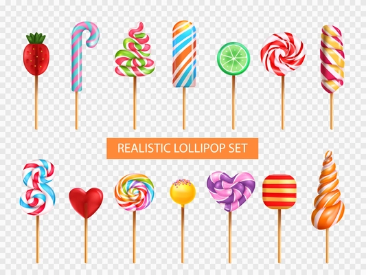 Lollipop candy various taste flavor shape spiral rainbow heart strawberry lime transparent background realistic set vector illustration