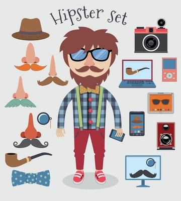 Hipster character pack design elements for boy isolated vector illustration