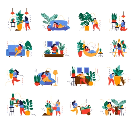 Home garden icons set with houseplants variety flat isolated vector illustration