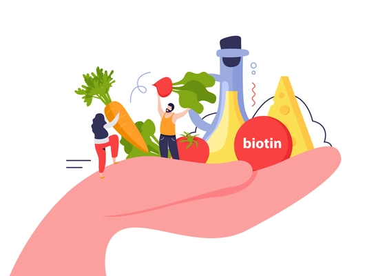 Vitamins in products in hand concept with biotin symbols flat vector illustration