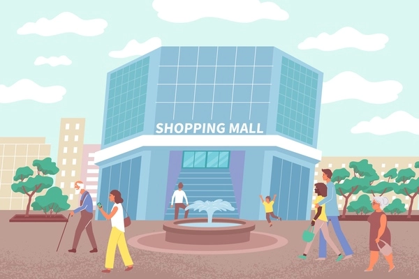 Vector illustration of mall building and citizens going to make purchases in city shopping center flat background