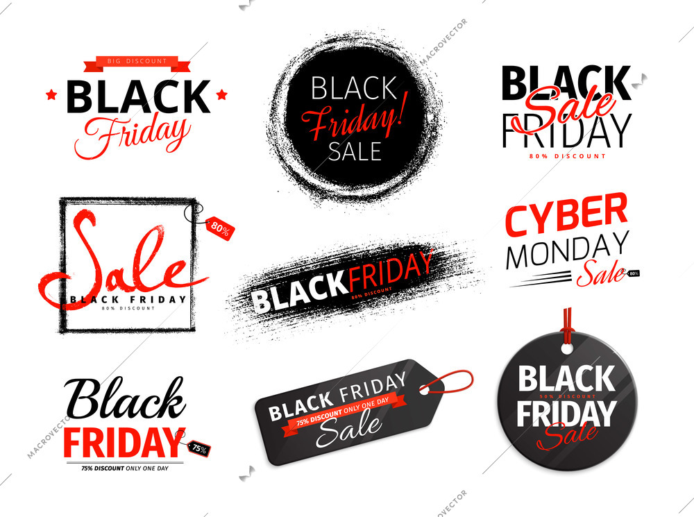 Black friday and cyber monday sale badges isolated vector illustration