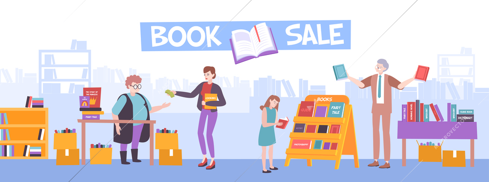 Book fair composition with flat images of bookfair market with doodle characters of visitors and librarian vector illustration