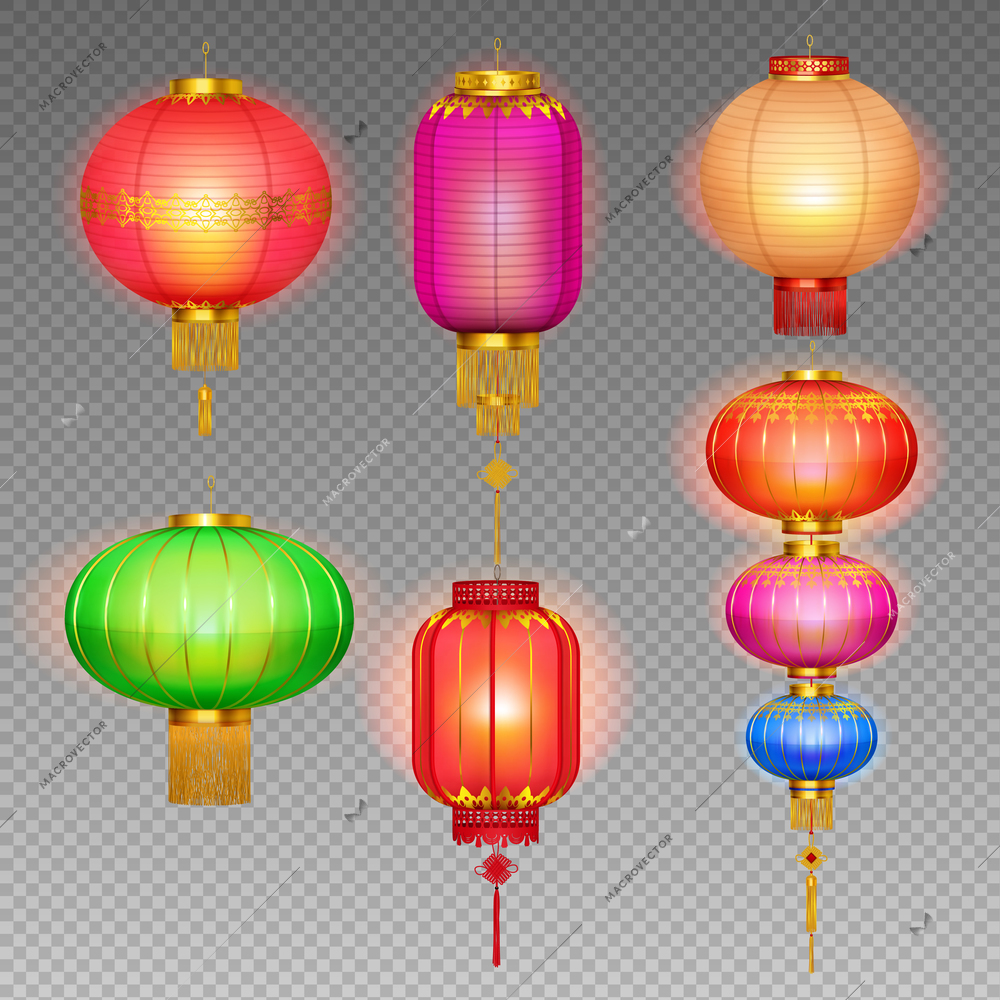 Chinese lanterns realistic transparent icon set in different colors and shapes on transparent background vector illustration