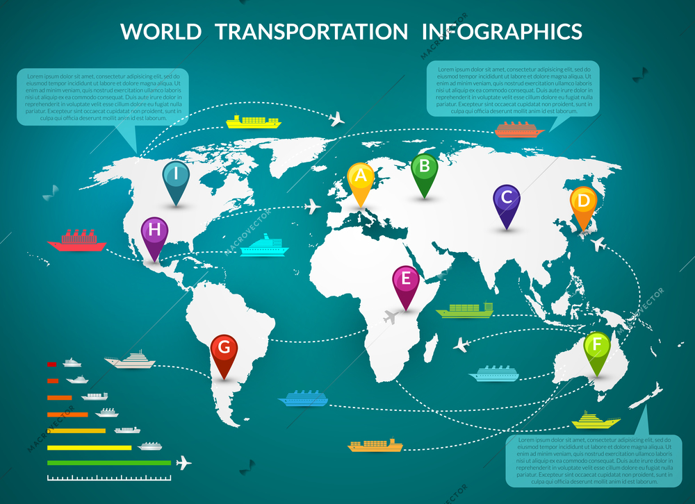 Transportation logistic infographics elements with world map and delivery chain vector illustration.