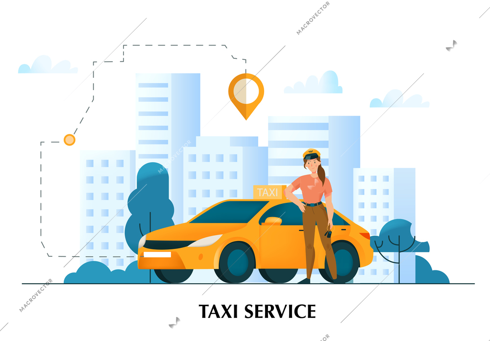 Female profession concept with taxi service symbols flat vector illustration