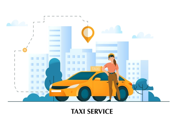 Female profession concept with taxi service symbols flat vector illustration