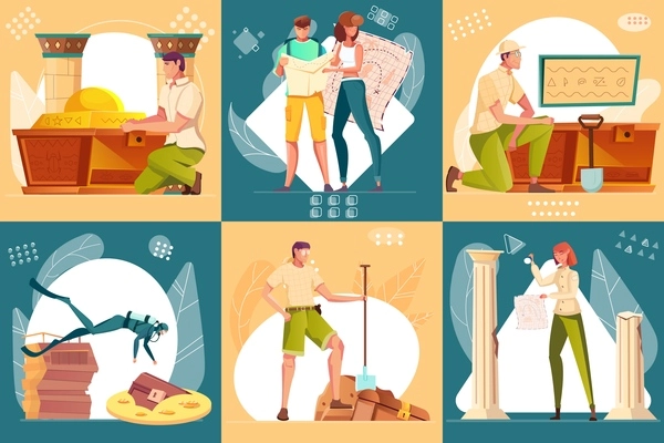 Treasure hunt composition set with chest search symbols flat isolated vector illustration