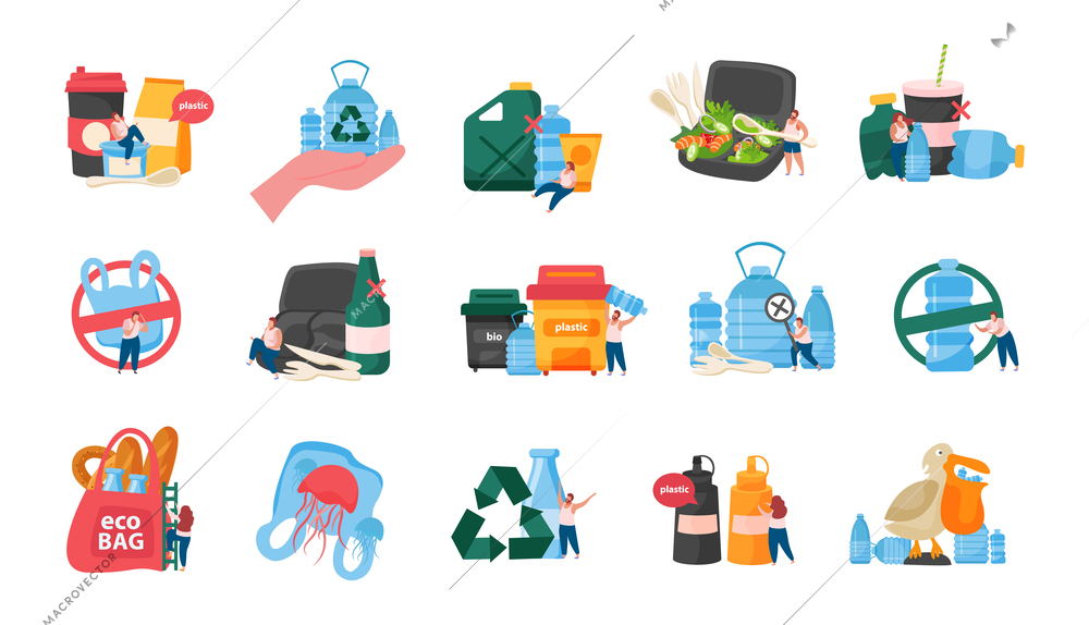 Self care flat recolor icon set with eco and plastic bag plastic bottles pollution and recyclable materials vector illustration