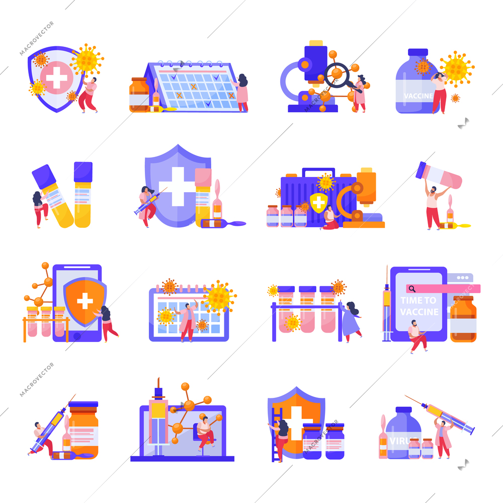 Vaccination flat icon set with medical tools time to vaccine descriptions and test tubes vector illustration