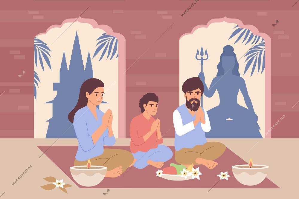 Hinduism flat background with indian family sitting in asana pose and performing  religious ritual vector illustration