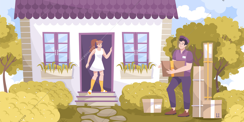 Courier delivery flat composition with outdoor landscape living house with host and delivery boy with parcels vector illustration