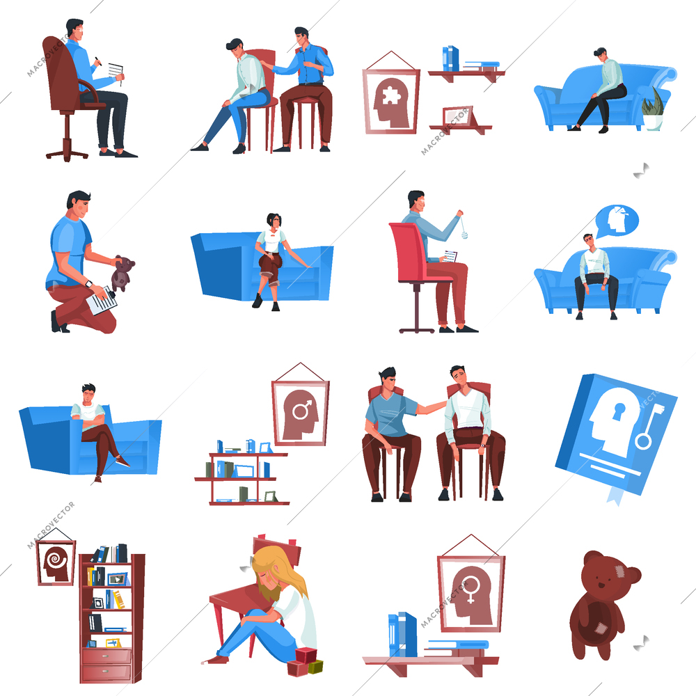 Psychology set of flat icons and characters of behavioral therapists with clients and soft furniture images vector illustration