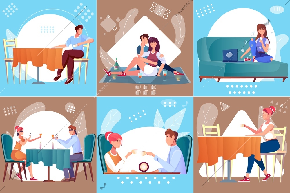 Date design concept with set of flat compositions symbols and characters of valentines having good time vector illustration