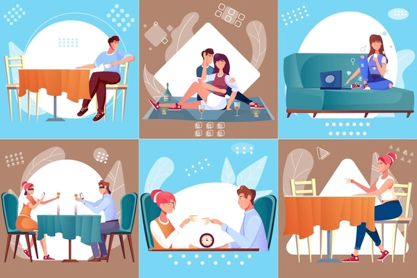 Date design concept with set of flat compositions symbols and characters of valentines having good time vector illustration