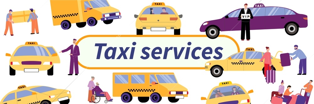 Taxi service flat pattern composition with isolated images of cars with drivers and passengers with text vector illustration