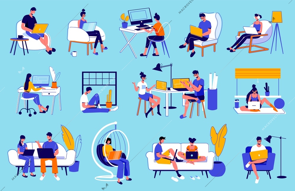 Freelance people work set of isolated interior elements icons and characters of remote workers with computers vector illustration