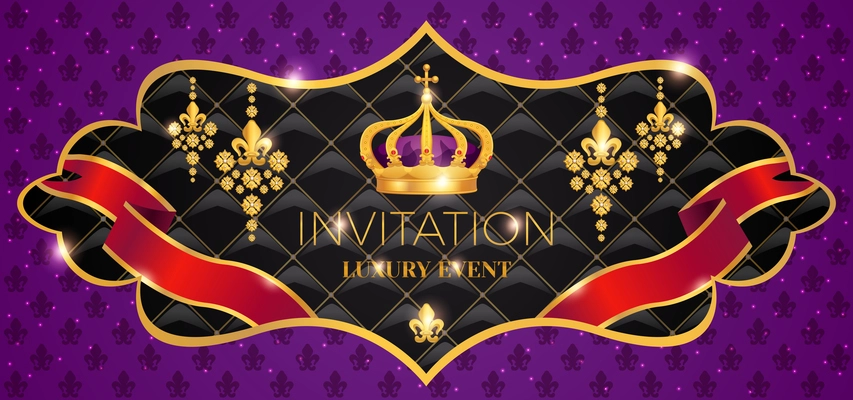 Royal crown luxury services corporate events weddings invitation black golden emblem purple background horizontal composition vector illustration